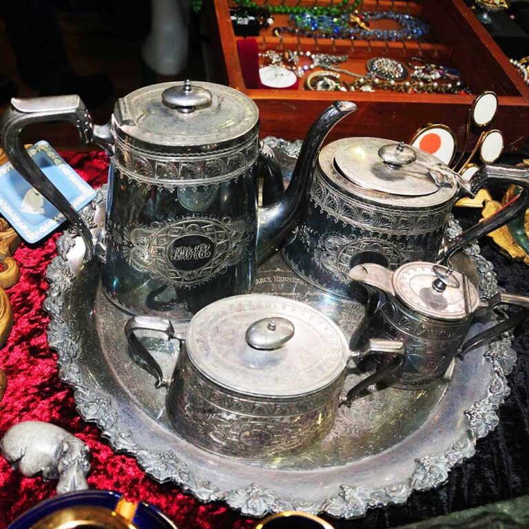 Silverware displayed for sale at Shire Vintage & Collectors Fair
