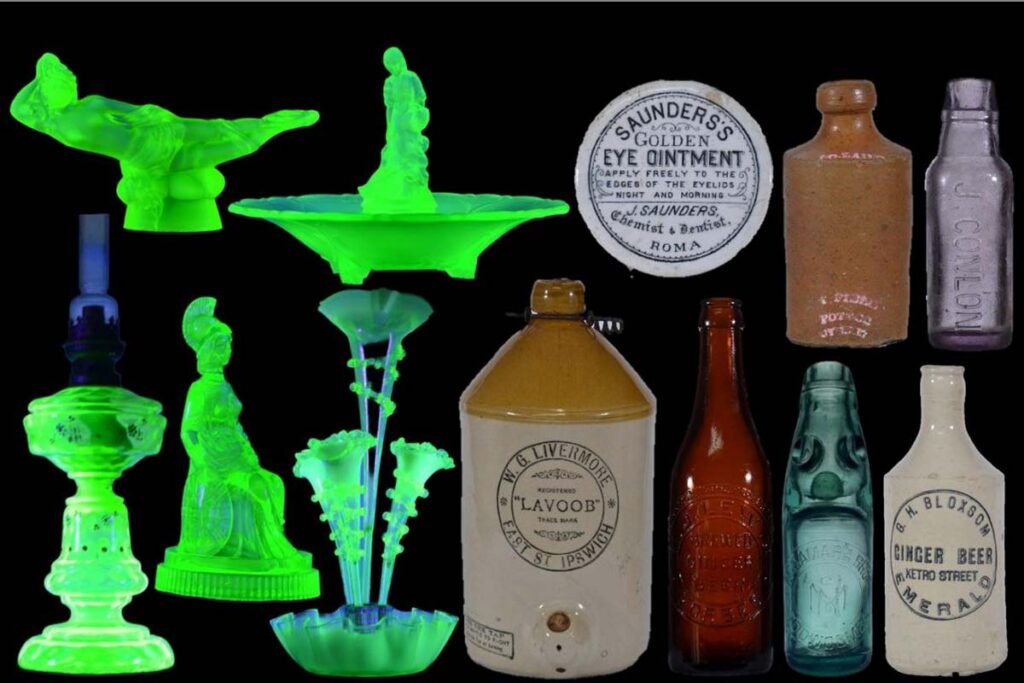 Uranium glass antique bottles Australian pottery auction Nick Rowland August