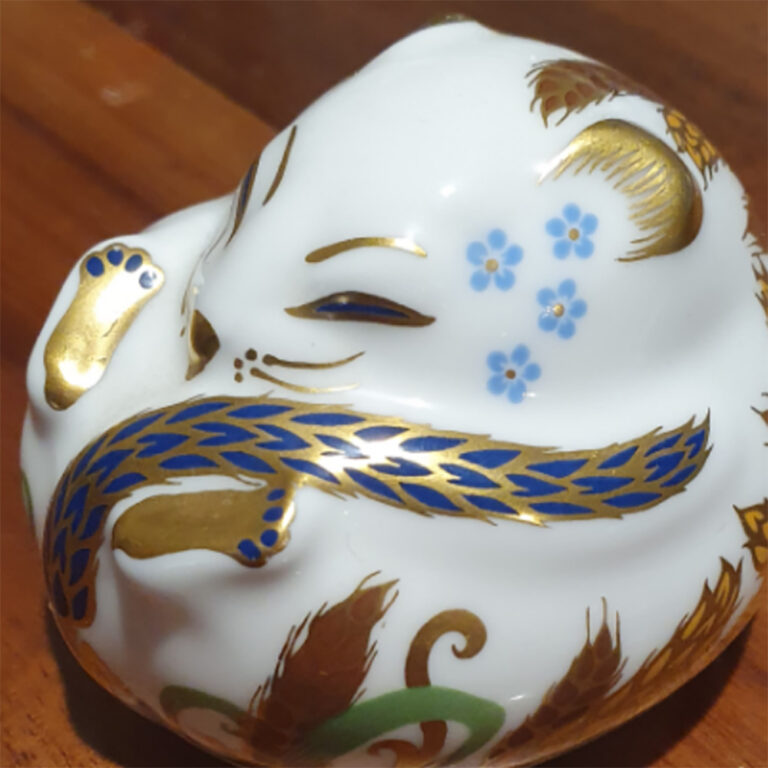 22ct gold and porcelain Royal Crown Derby Sleeping Dormouse