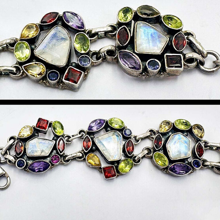 Vintage sterling silver bracelet set with moonstone, citrine, garnet, amethyst and Iolite