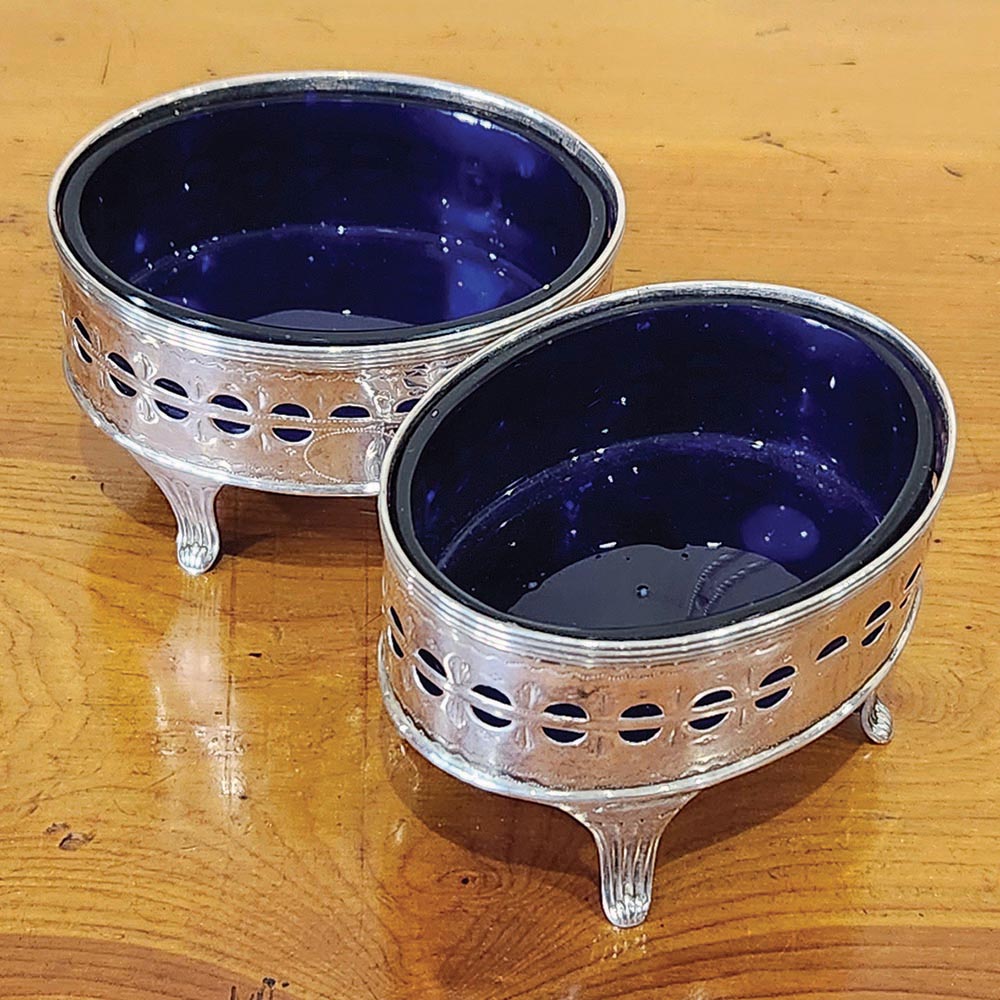 Pair blue glass silver salts by Peter & Ann Bateman, London 1796