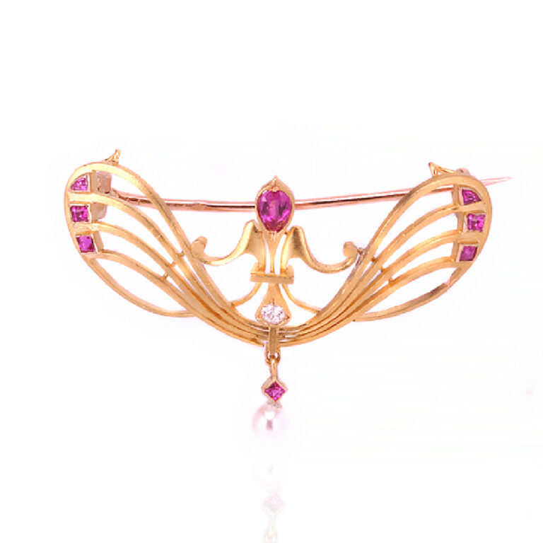 Art Nouveau ruby, diamond and pearl pendant brooch c.1895