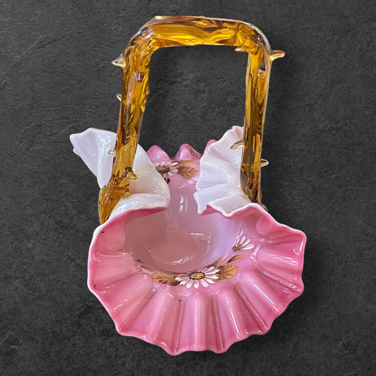 Victorian hand blown overlay glass fluted basket