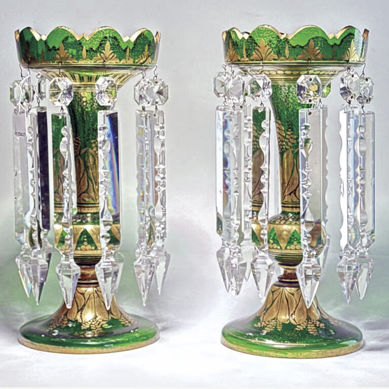 Large pair of Victorian green glass lustres