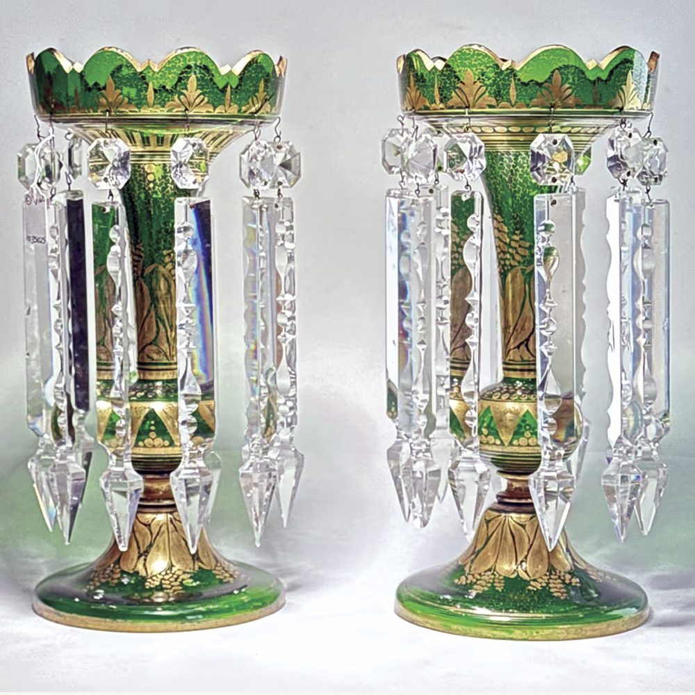 Large pair of Victorian green glass lustres