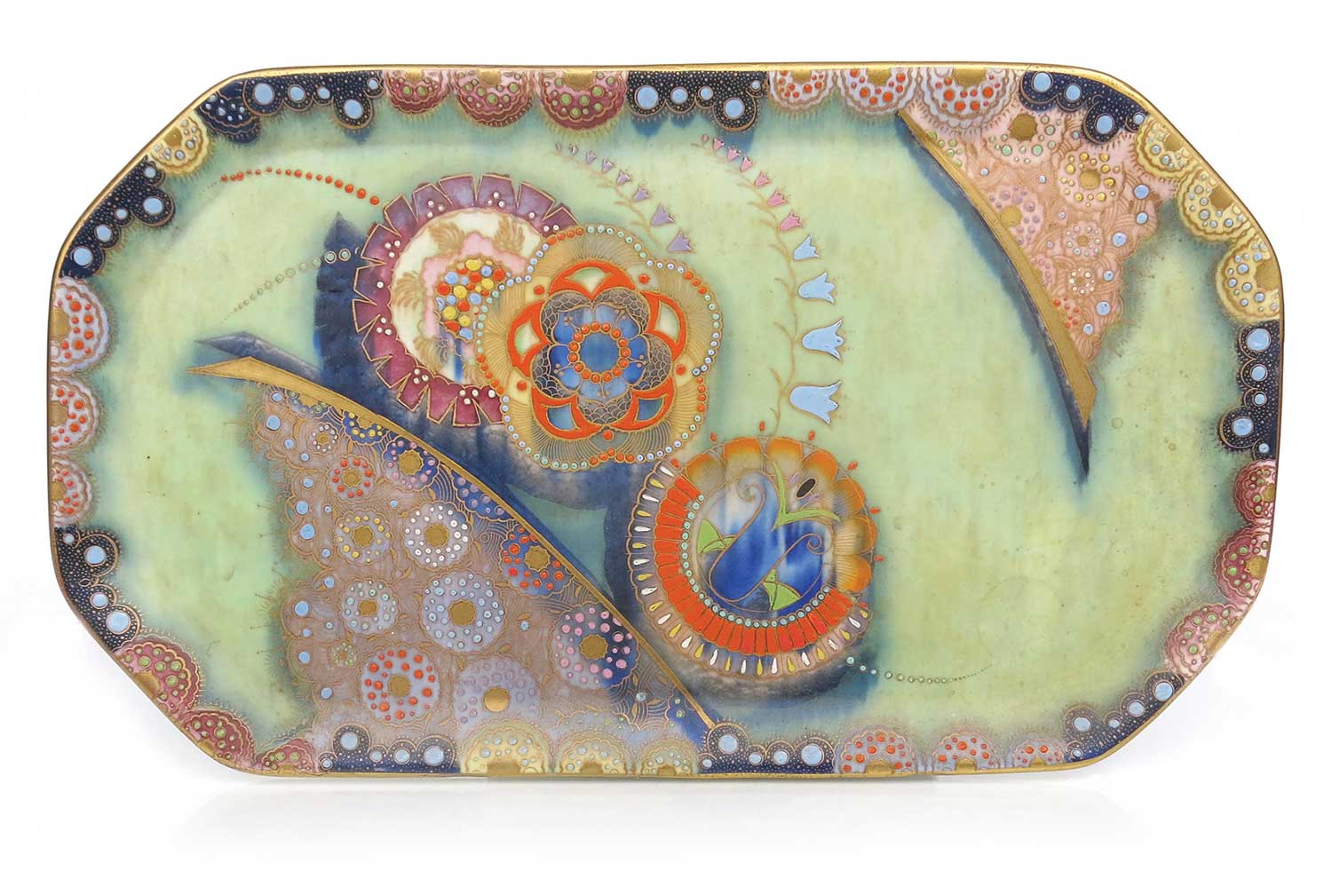 A Bell pattern tray on pale yellow matt ground, 36cm wide.