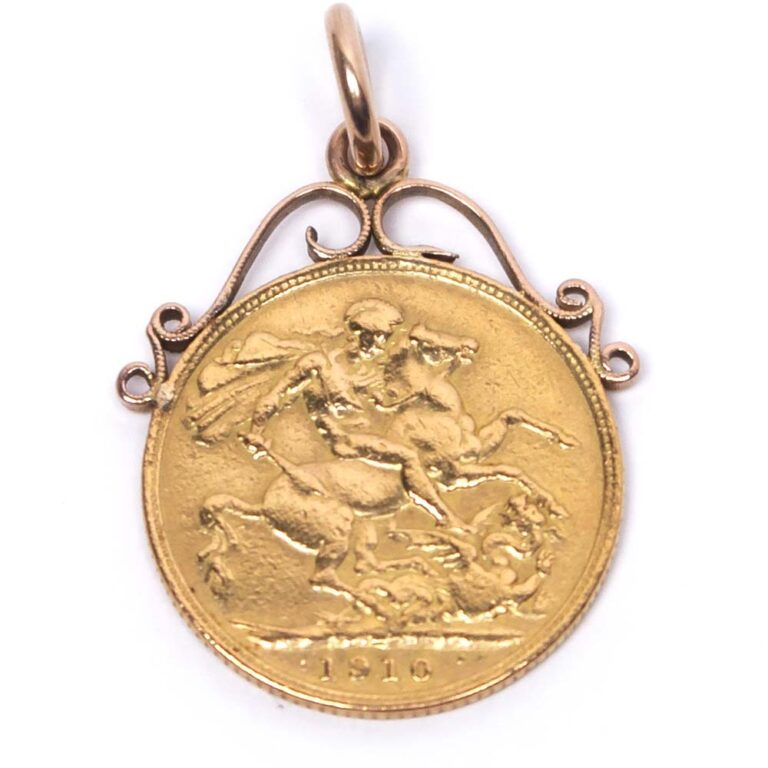 Antique 22ct Yellow Gold Sovereign 1910 with Later addition 9ct Rose Gold Pendant Bail at Theodore Bruce auction