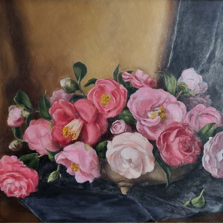 Beryl Oliver oil on board painting Vase of Camellias at RKT auction.