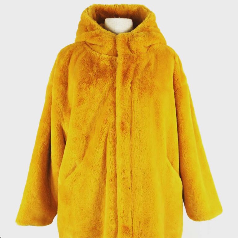 Canary yellow faux fur coat with hood, midi length, slip pockets, button closures, lined at Theodore Bruce auction