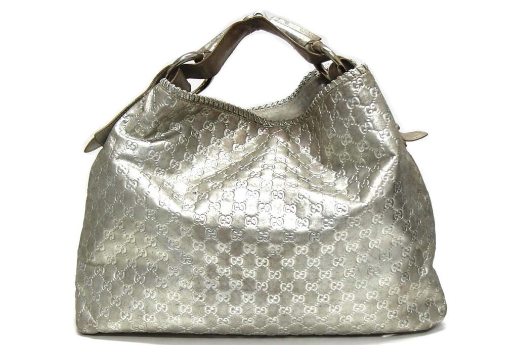 Gucci, Italian silver leather monogram Horsebit Hobo Bag fabric Interior at Theodore Bruce auction