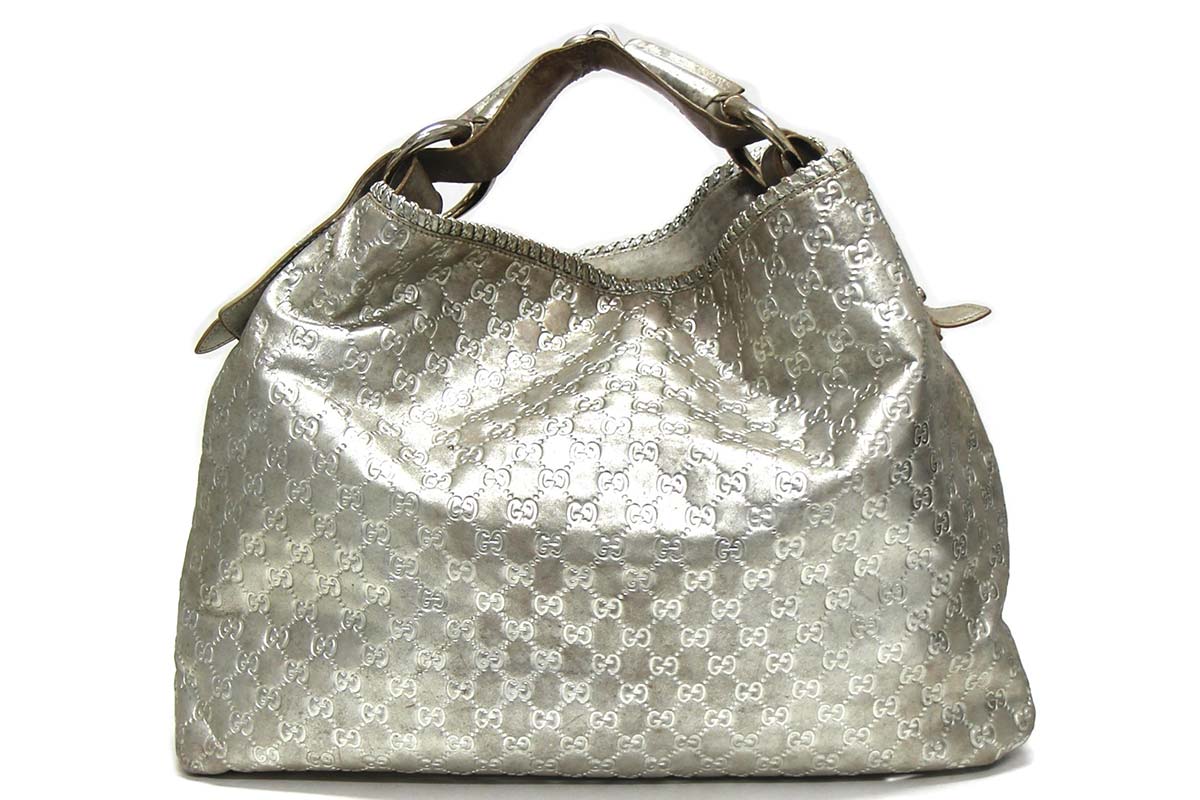 Gucci, Italian silver leather monogram Horsebit Hobo Bag fabric Interior at Theodore Bruce auction