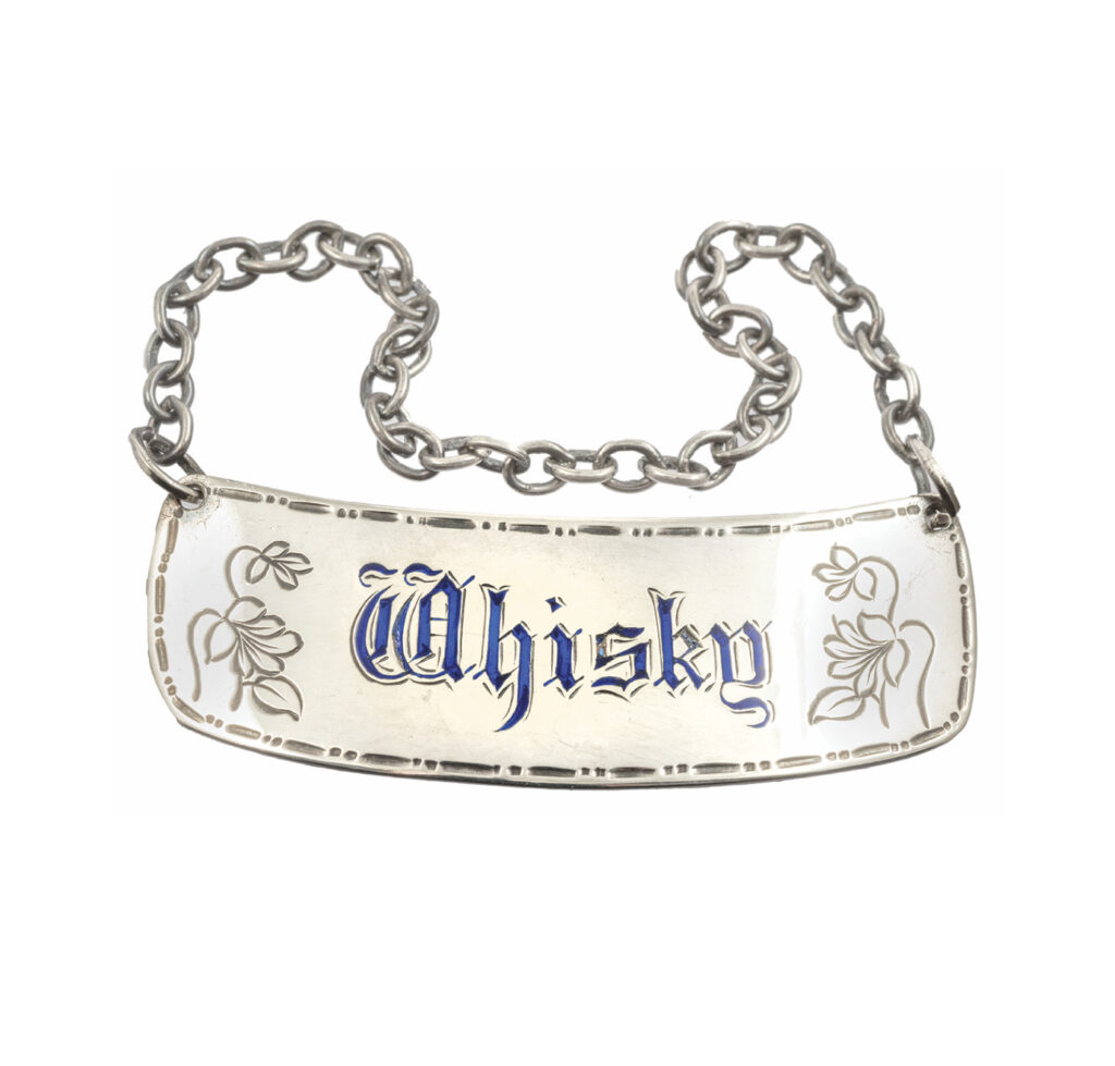Mid-century English sterling silver liquor ticket for Whisky engraved with cobalt enamel