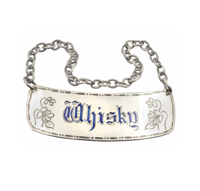 Mid-century English sterling silver liquor ticket for Whisky engraved with cobalt enamel