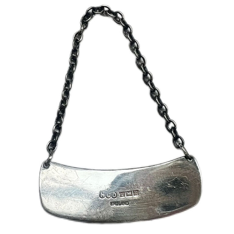 Mid-century English sterling silver liquor ticket for Whisky engraved with cobalt enamel