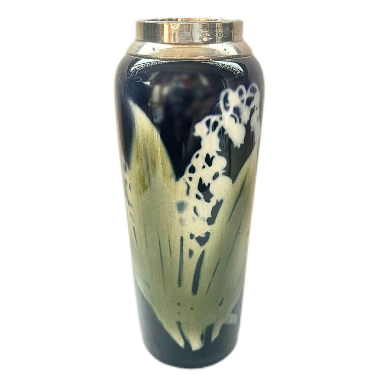 English Art Nouveau lily of the valley vase with sterling silver rim
