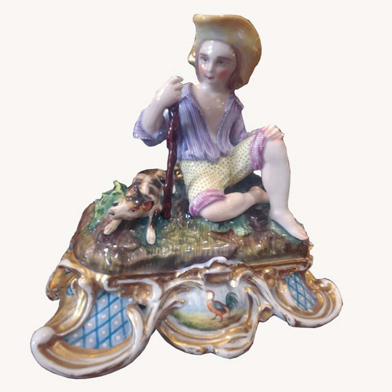 French ceramic ornate inkwell with boy and dog 19th century at Marlene Miller Antiques Sorrento Victoria