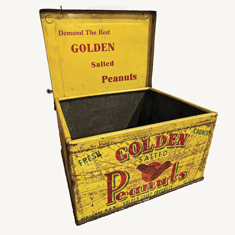 Yellow tin for Lidcombe Golden Salted Peanuts