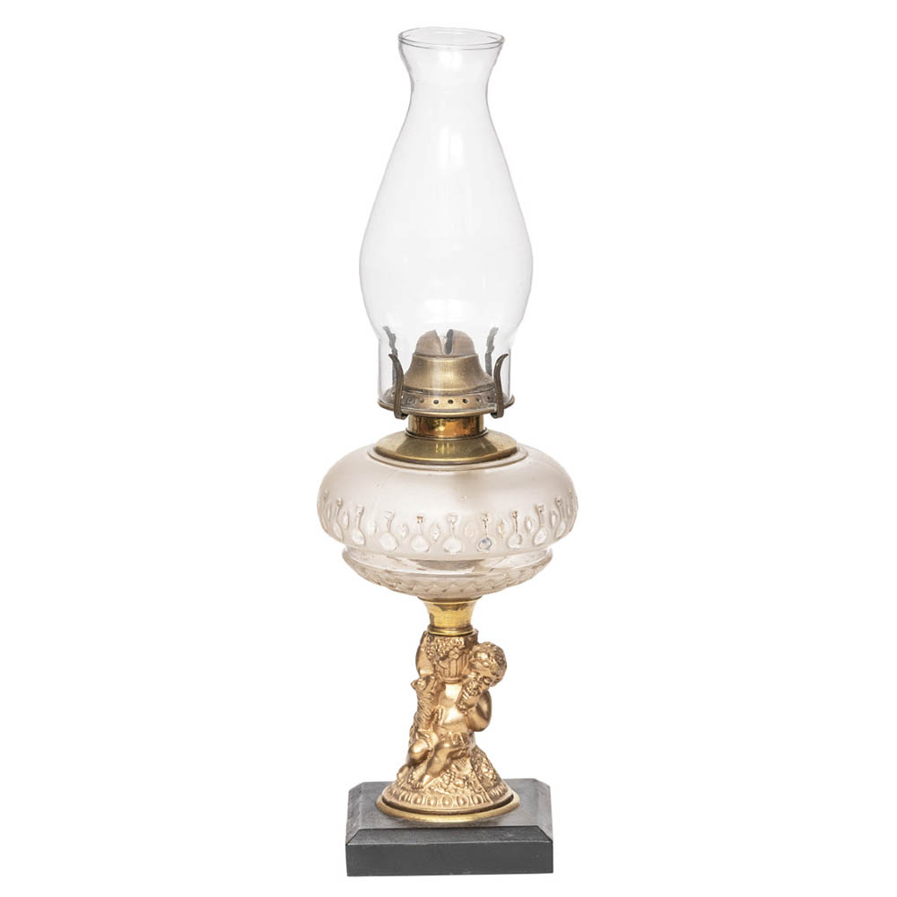 American 1875 period lamp, base depicting a boy with a sheep.