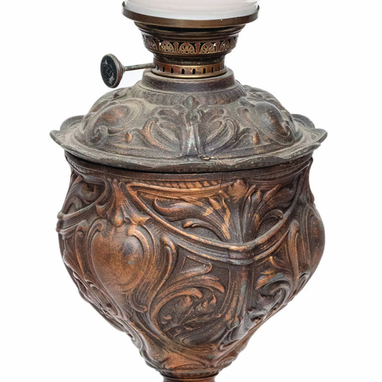 Dutch cast pewter lamp with white ball shade