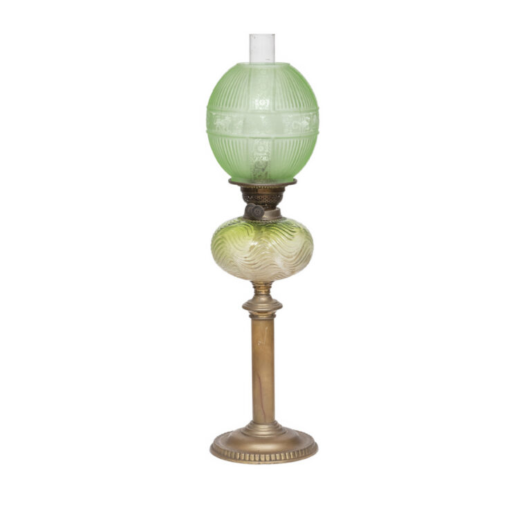 English glass lamp on brass column and base, green patterned font and green horoscope patterned shade