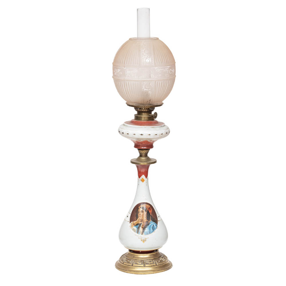English lamp with Hinks base depicting a figure.