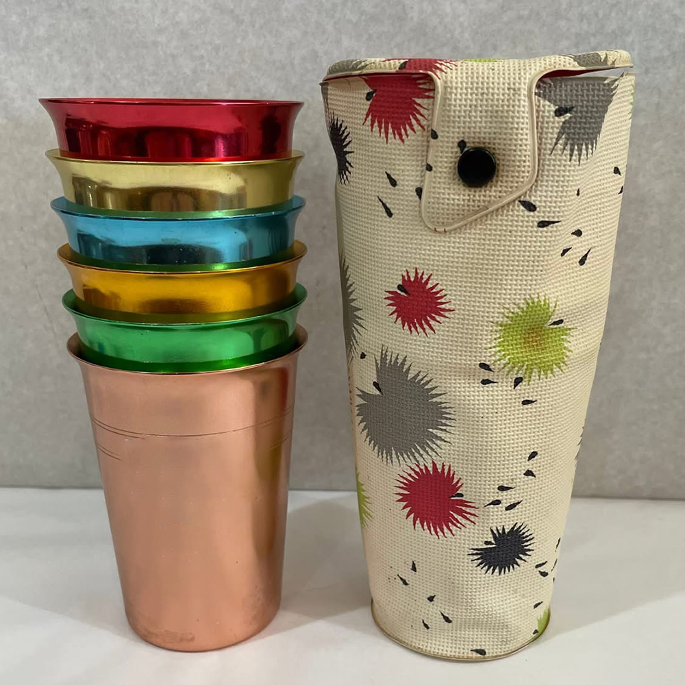 Six cup anodised travel set in retro vinyl case, Model Maid, Australian
