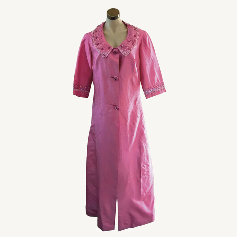 vintage 1960s ‘Barbie pink’ long sequin beaded theatre evening coat