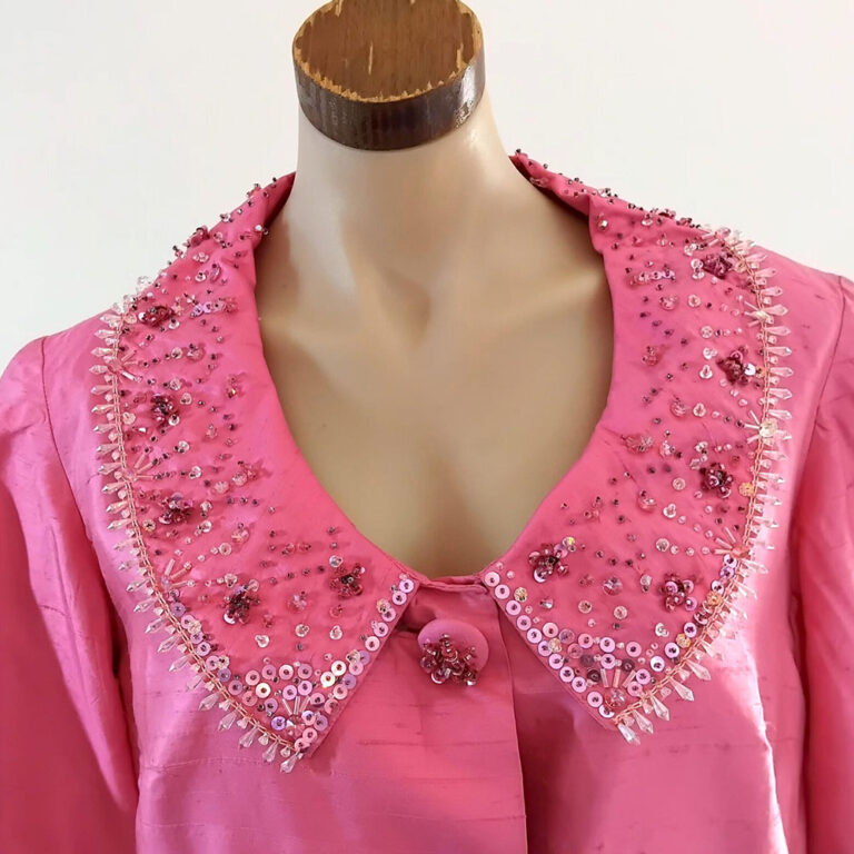 vintage 1960s ‘Barbie pink’ long sequin beaded theatre evening coat