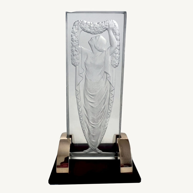 rare Art Déco glass panel intaglio moulded with a draped woman holding up a garland of flowers