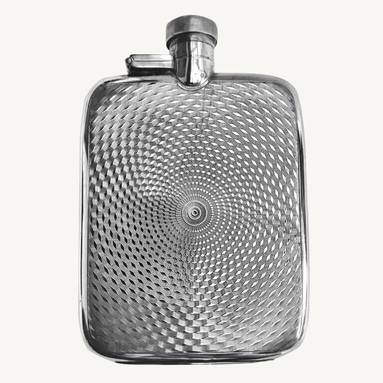 sterling silver hipflask with a finely engine-turned spiralling design
