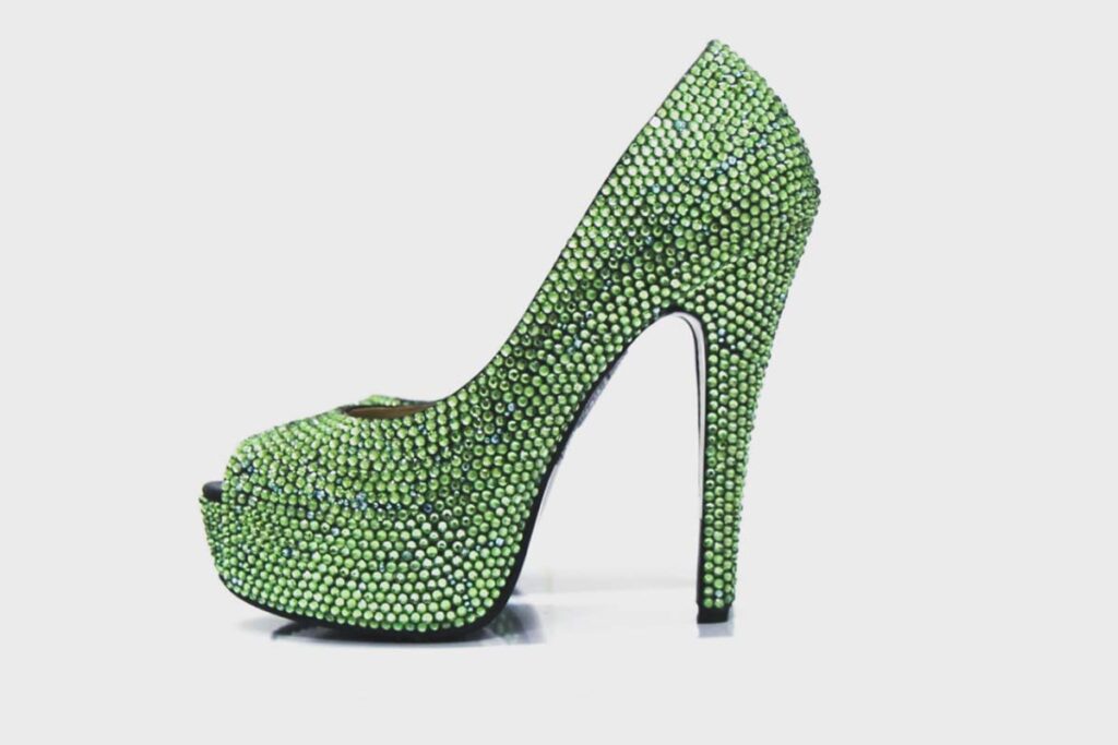 Dollywood, America, green rhinestone peeptoe heels with a platform base