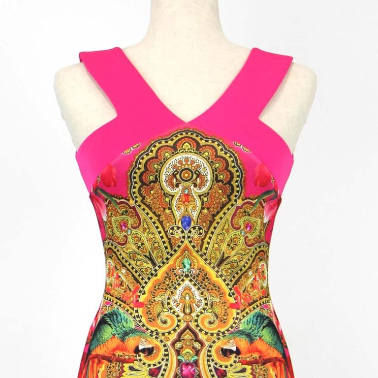 Ted Baker, England, Hot Pink Patterned Midi Dress with V neckline is lined with a zipper closure