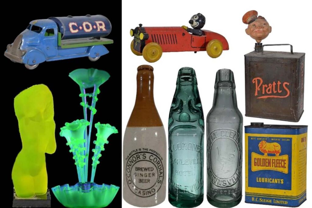 Antique bottles, toys, glow glass, uranium glass, oil cans and garagenalia signs
