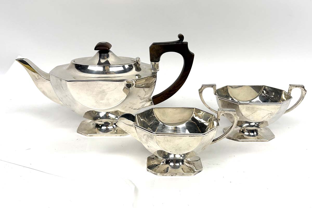 An Art Deco, George V, Sterling Silver Three Piece Tea Set, Birmingham 1925, Maker: A E Poston & Co Ltd