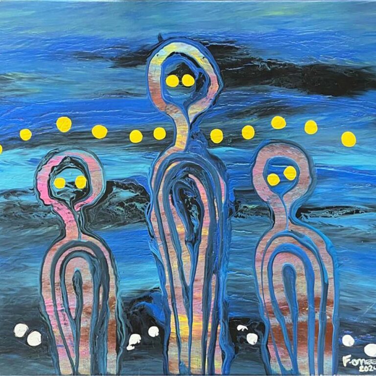 Australian Aboriginal art Fiona Omeenyo, Lockhardt River Art Gang, ‘Dancing in the Night’