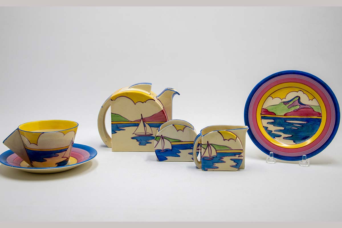 Clarice Cliff, ‘Gibraltar’ tea set, 1931, hand-painted earthenware. David Roche Gallery Exhibition