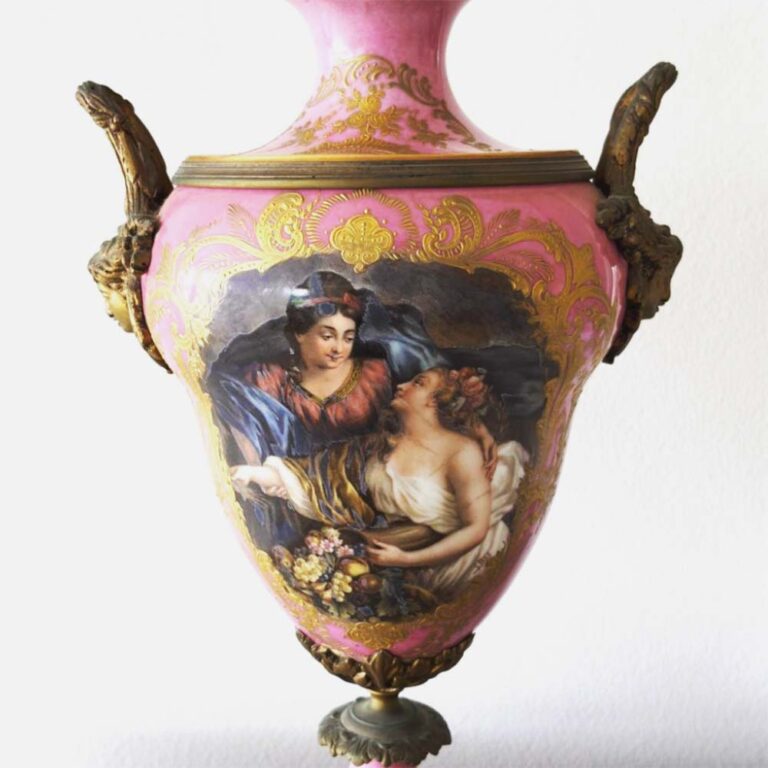 A French Porcelain Urn in the Sevres Style with Central Detail & Ormolu Mounts