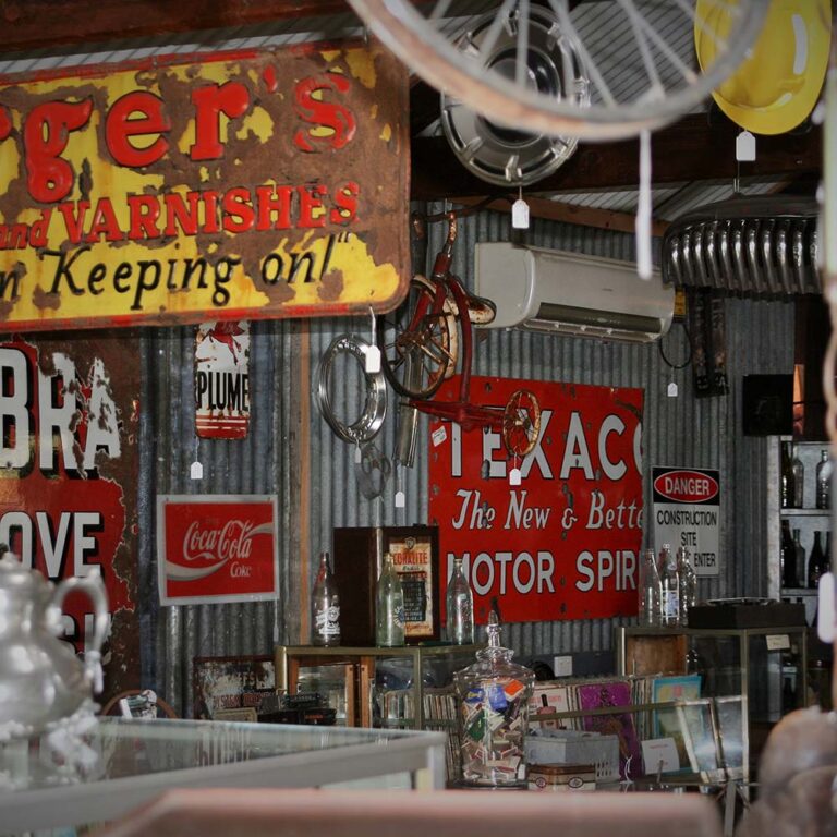 Enamel Signs, Oil Tins, Garden Art and Collectables and Old Wares at Old Garage Yackandandah