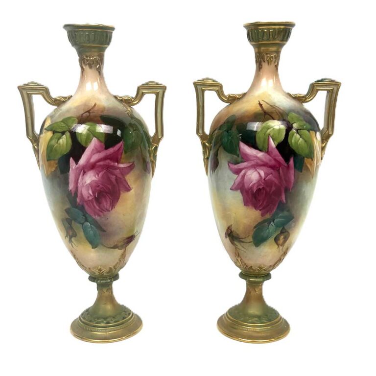 Early 20th century, Royal Worcester hand painted rose and gilt twin handle pedestal vases, dated 1909