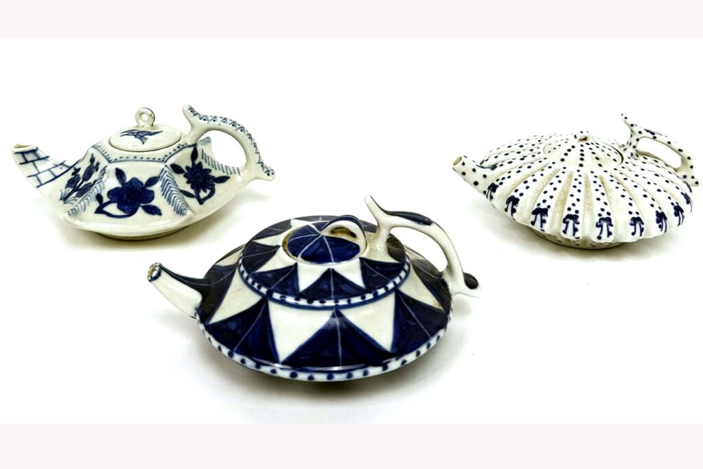 Three Small Qing Dynasty Chinese Antique Blue and White Porcelain Teapots.