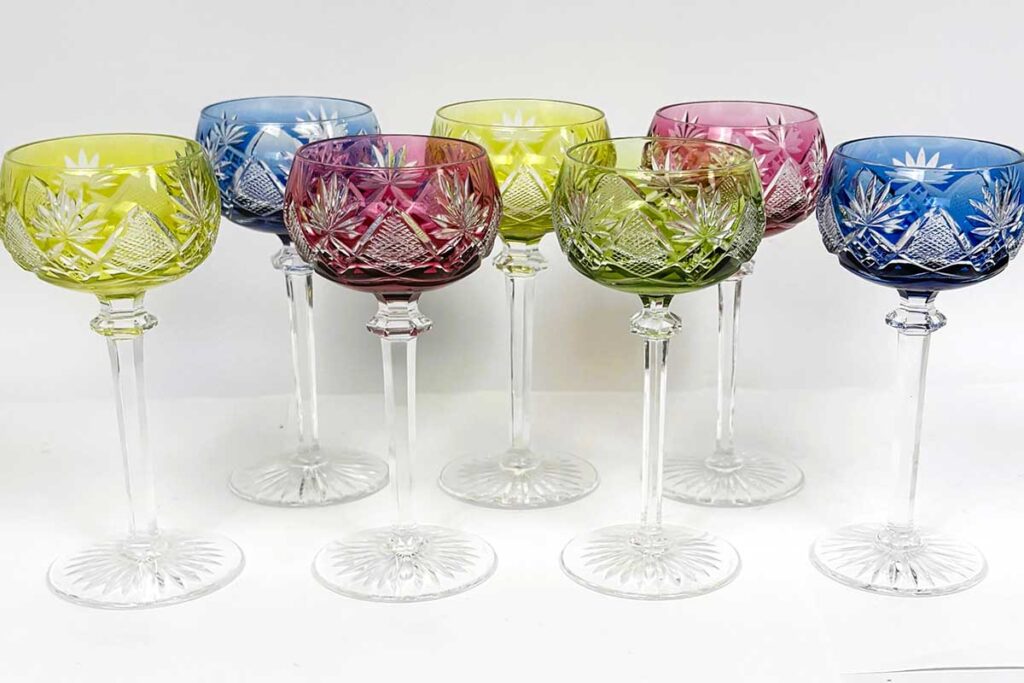 Vale St Lambert "Berncastel" harlequin crystal hock glasses, set of seven