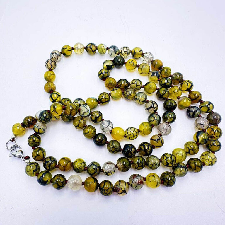 Vintage Long Necklace of Yellow Green Agate Beads