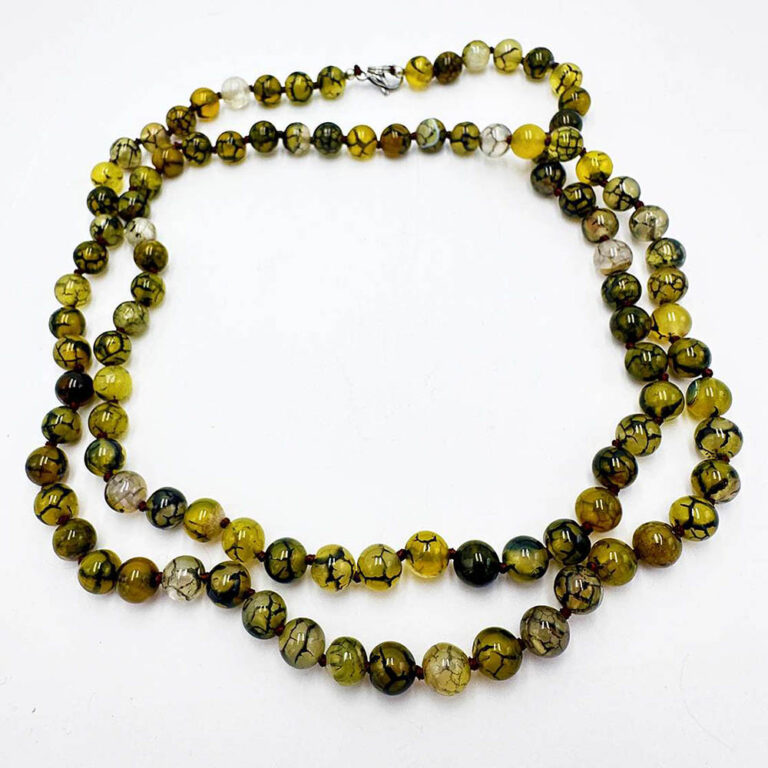 Vintage Long Necklace of Yellow Green Agate Beads