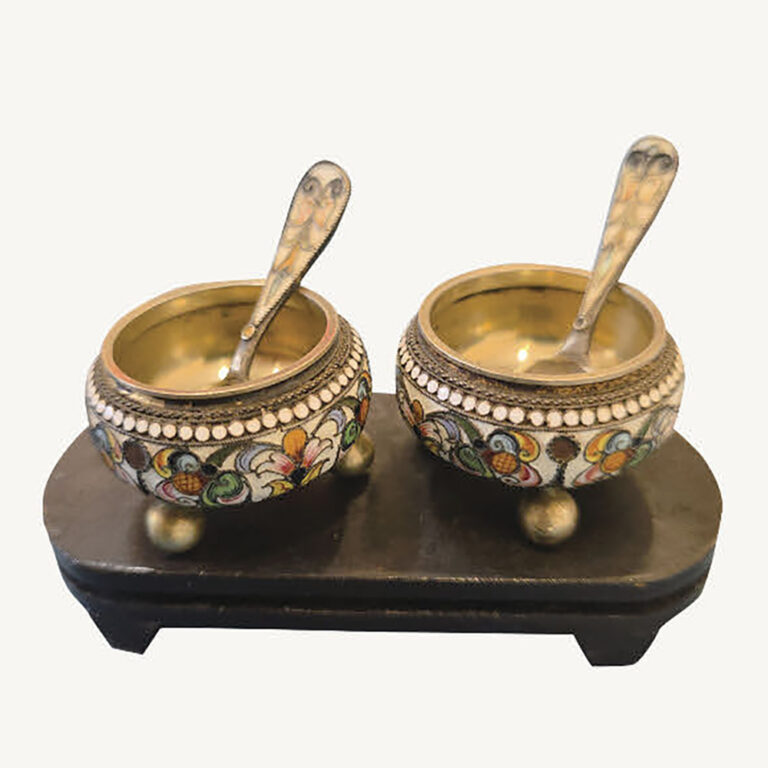 Imperial Russian silver and enamel salts and spoons