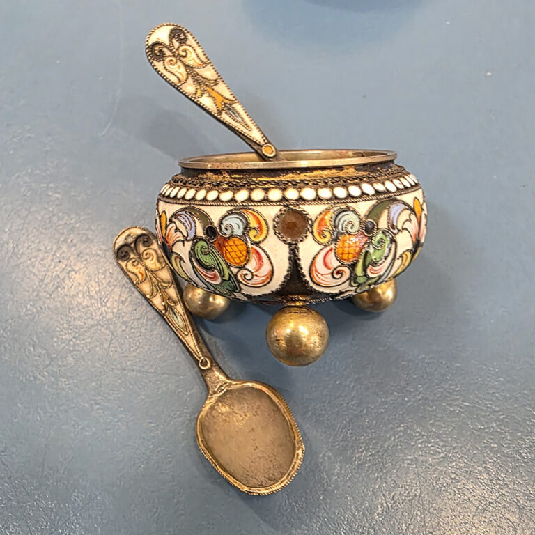 Imperial Russian silver and enamel salts and spoons