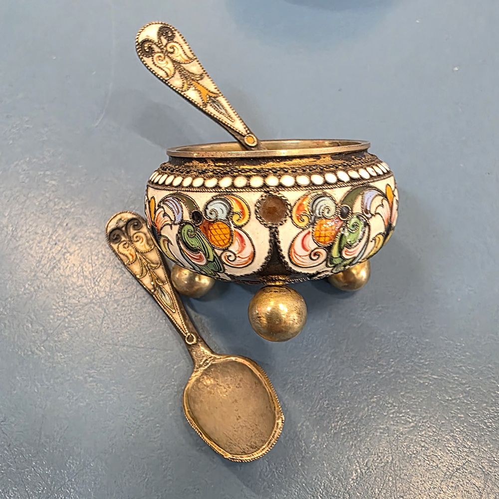 Imperial Russian silver and enamel salts and spoons
