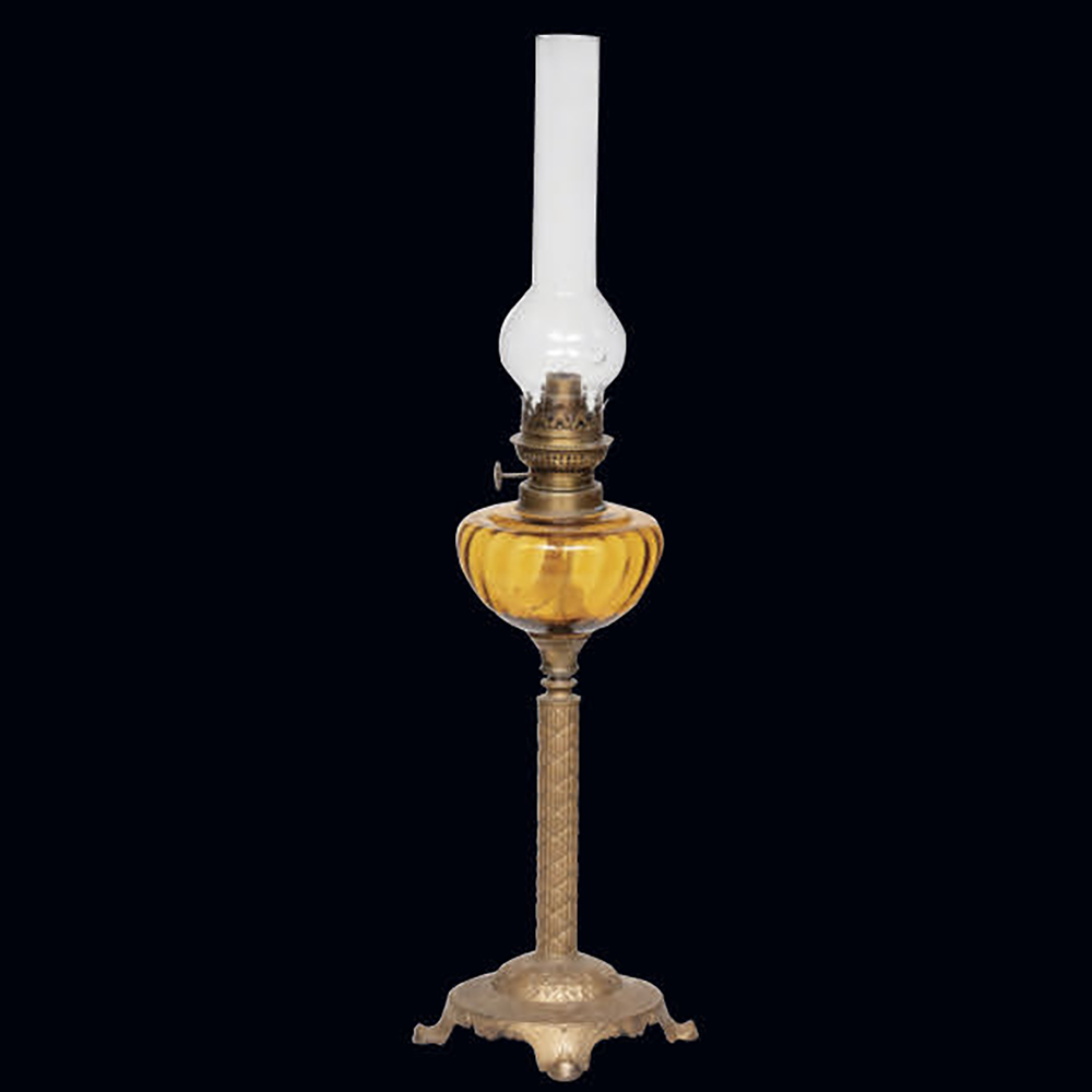 French amber glass and brass lamp