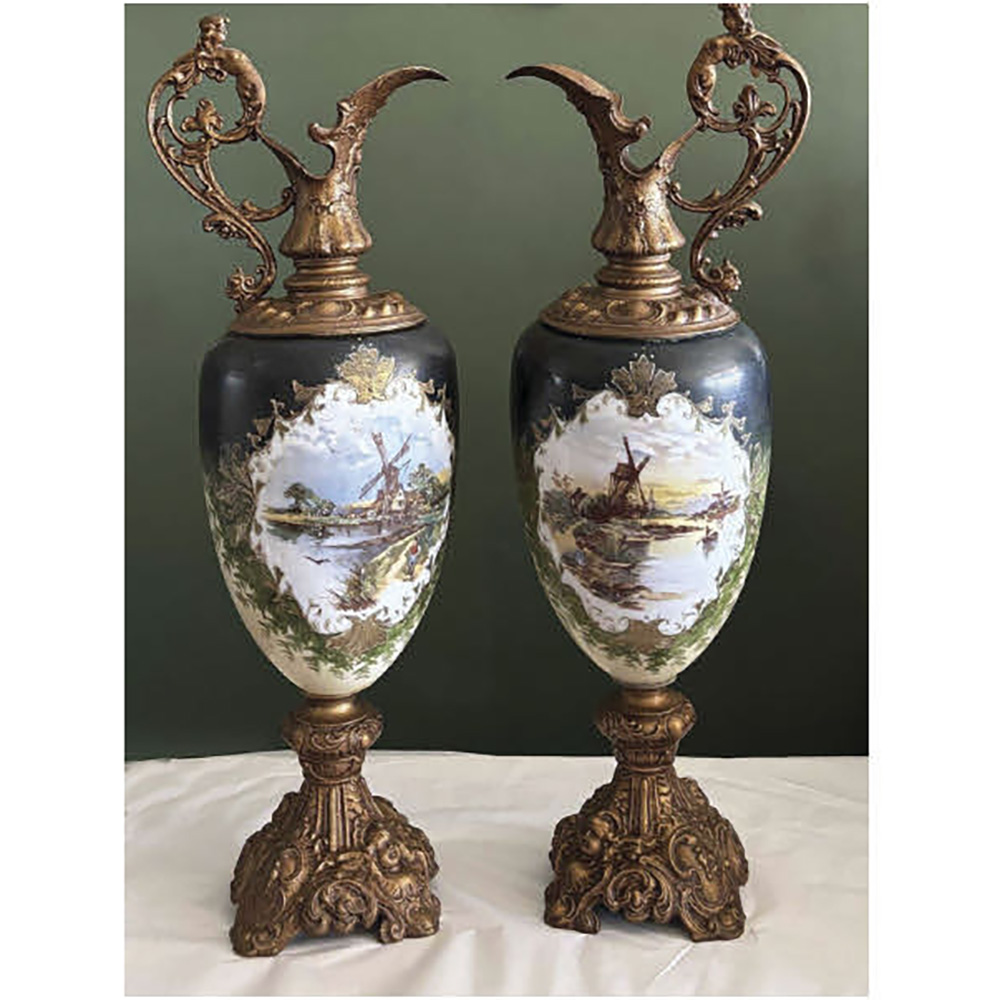 Pair Art Nouveau glass and gilded metal urns