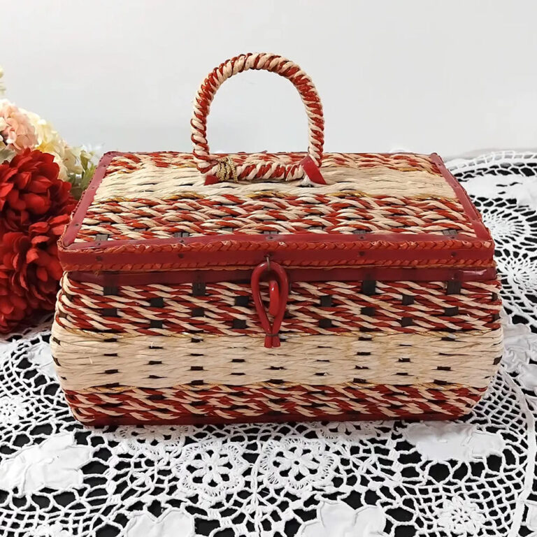 1970s red and gold woven rattan sewing basket