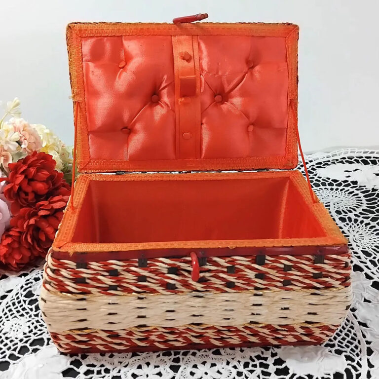 1970s red and gold woven rattan sewing basket